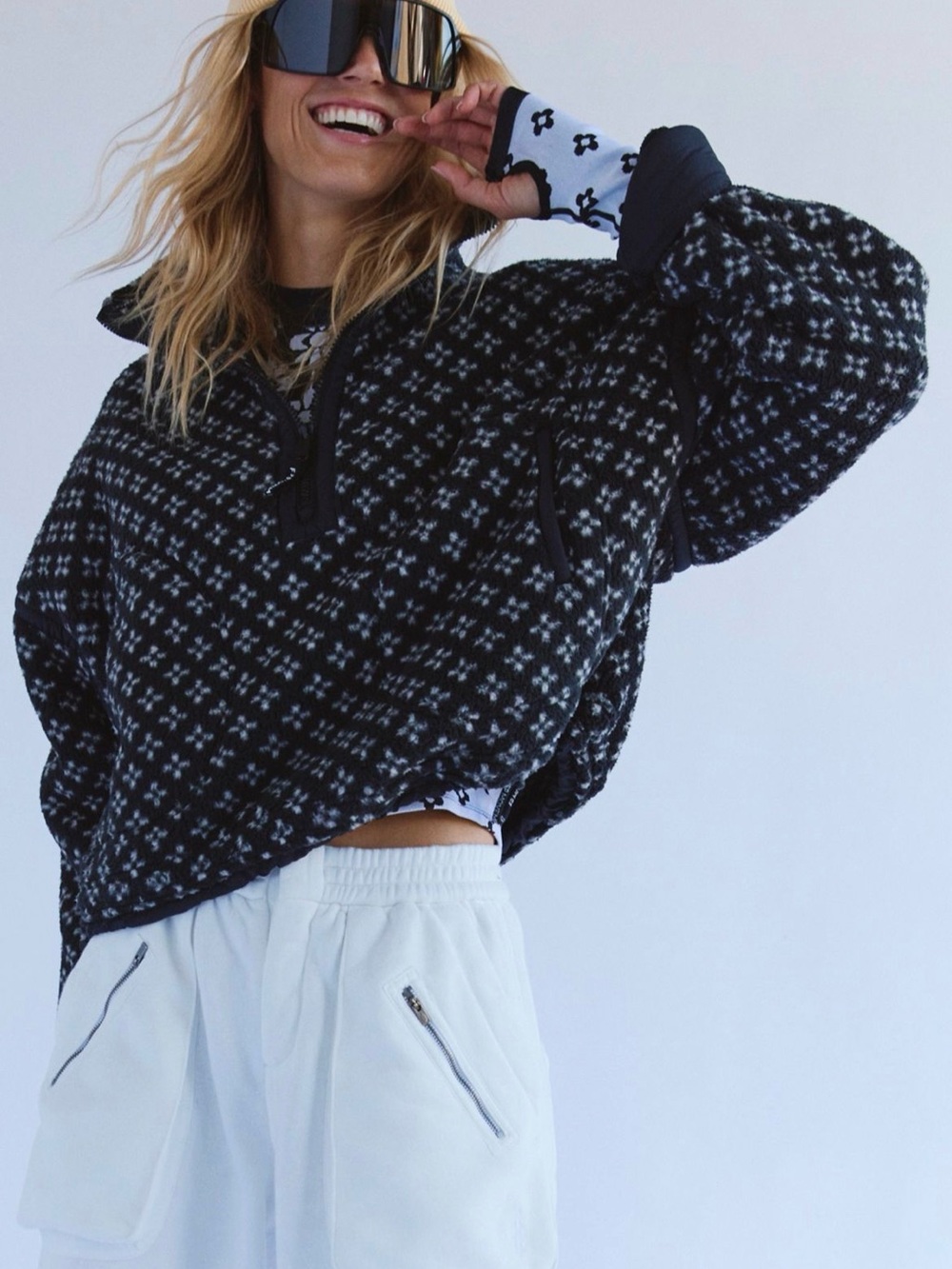 Free People Black Patterned Quarter-Zip Fleece Pullover